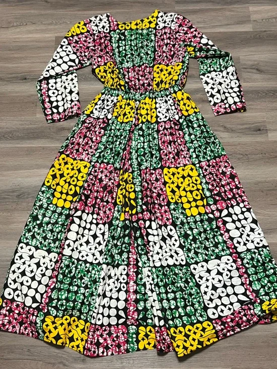 African Stars One Size Maxi Dress White Green Long Sleeve Cotton Tribal Ethnic - Picture 5 of 11